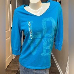 Aeropostale Juniors T Shirt sz XL Blue 3/4 Sleeve V Neck Love Embroidered Logo